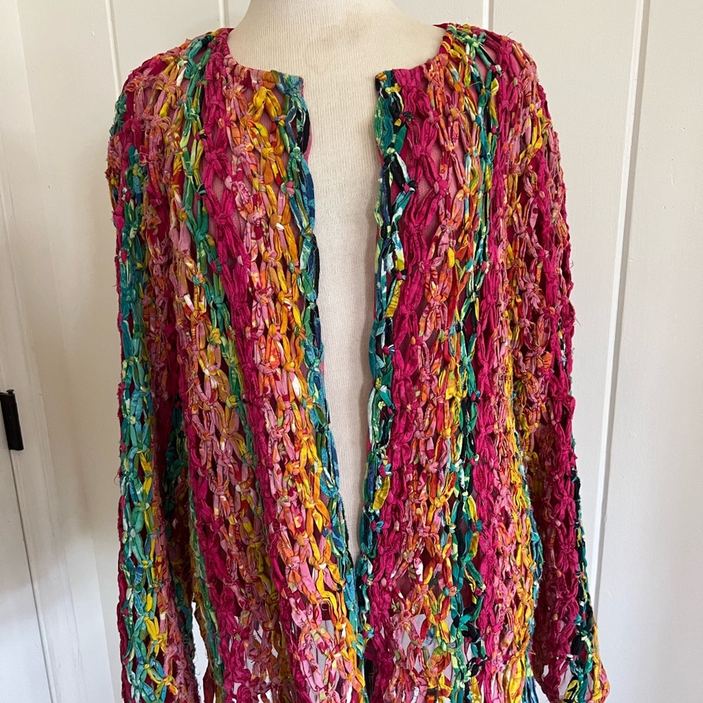 Vintage Boho JL studio Size 1X -Woven Rainbow Open Front Jacket Cardigan Fringe